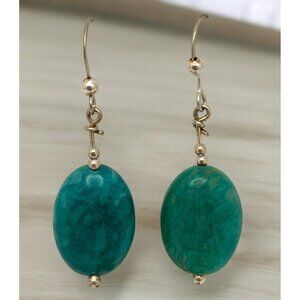 Blue Green Ocean Earrings Oval Dangle Stone Silver Tone
